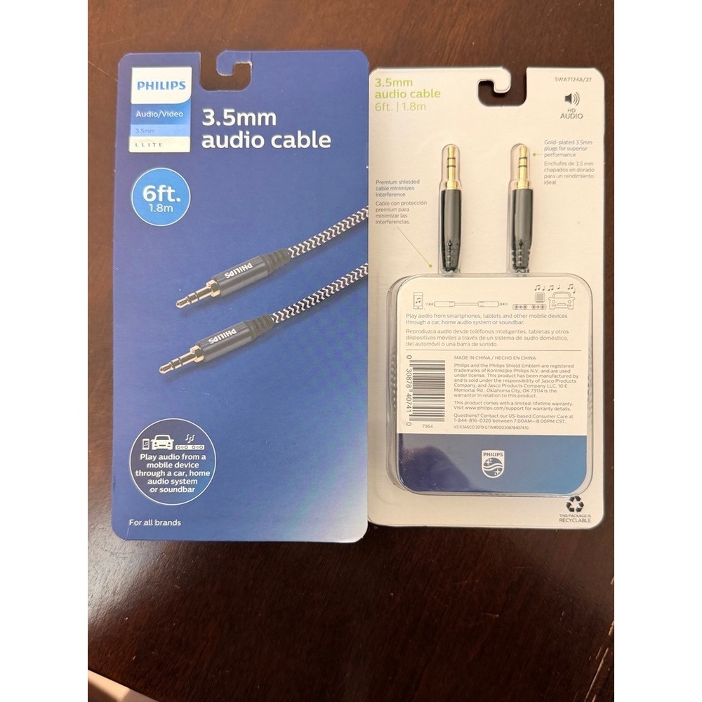 2 pk Philips 3.5mm Audio Cable Unisex 6ft Black Braided Gold Plated Elite NWT